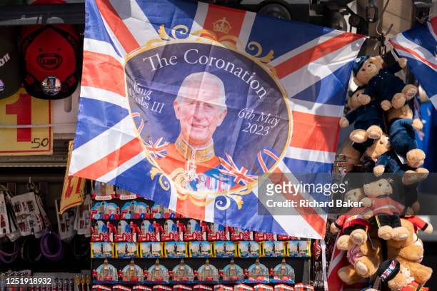 Weeks before the coronation of King Charles III takes place, flag merchandise is on sale in central London, on 17th April 2023, in London, England....