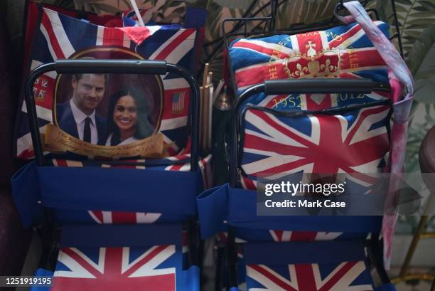 General view of Royal memorabilia at the home of Royal super-fan Terry Hutt during a portrait session on April 14, 2023 in Weston-Super-Mare,...