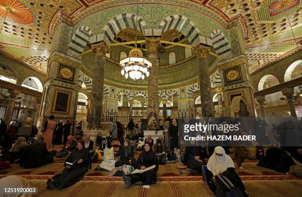 Muslims perform prayer rituals on Laylat al-Qadr, one of the holiest nights during the holy fasting month of Ramadan, inside the Dome of the Rock in...