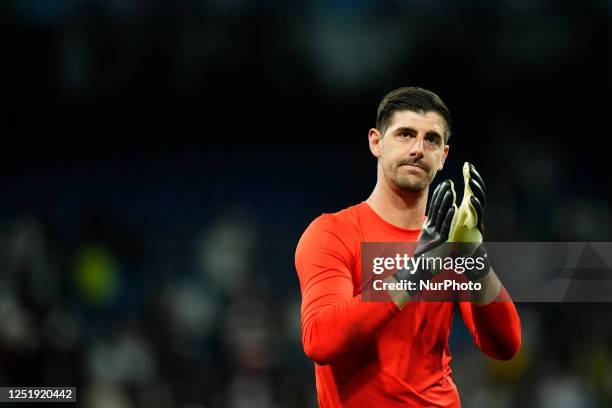 Thibaut Courtois goalkeeper of Real Madrid and Belgium greets his supporters after the UEFA Champions League quarterfinal first leg match between...