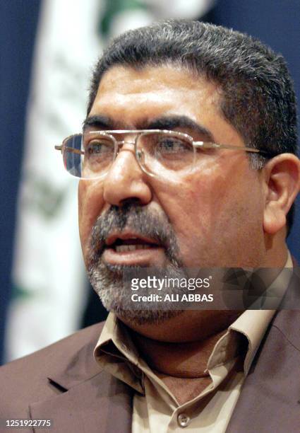 Head of al-Sadr parliamentary bloc Nassar al-Rubaie speaks during a press conference in Baghdad, 16 April 2007 in which he announced his departure...