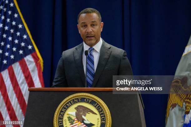 United States Attorney for the Eastern District of New York Breon Peace speaks during a press conference held by the Department of Justice announcing...