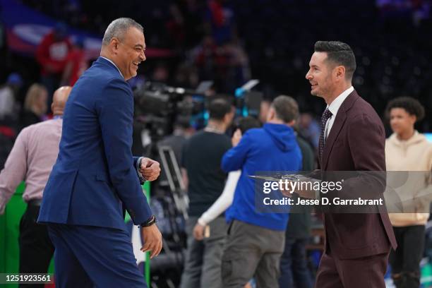 Redick talks with Alaa Abdelnaby before Round 1 Game 1 of the 2023 NBA Playoffs between the Brooklyn Nets and the Philadelphia 76ers on April 15,...