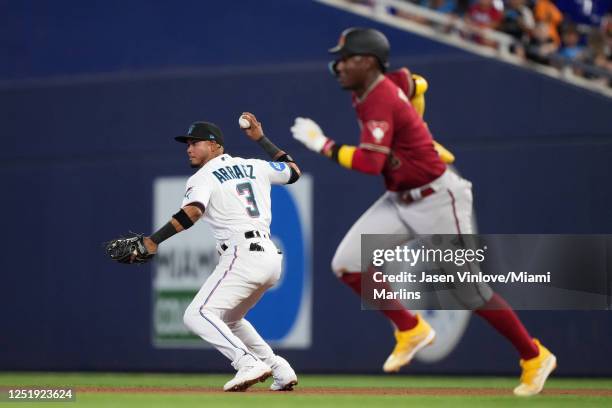 Luis Arraez of the Miami Marlins throws the ball to second base to turn a double play in the game against the Arizona Diamondbacks at LoanDepot Park...