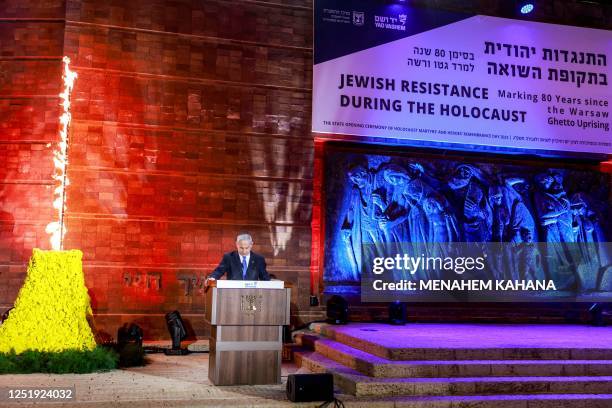 Israeli Prime Minister Benjamin Netanyahu speaks during a ceremony marking Yom HaShoah, Holocaust Remembrance Day for the six million Jews killed...