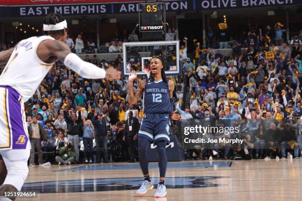 Ja Morant of the Memphis Grizzlies celebrates against the Los Angeles Lakers during Round 1 Game 1 of the NBA Playoffs on April 16, 2023 at...