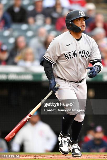 Willie Calhoun of the New York Yankees reacts after lining out during the first inning against the Cleveland Guardians at Progressive Field on April...