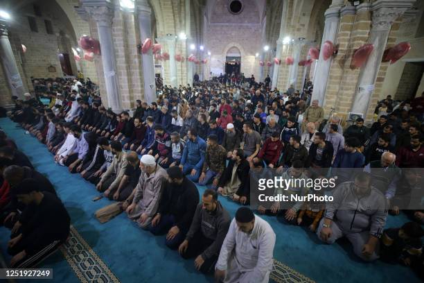 Palestinian devotees pray on Laylat al-Qadr at Omari mosque during the Muslim holy month of Ramadan in Gaza City, on April 17, 2023. - Laylat al-Qadr...