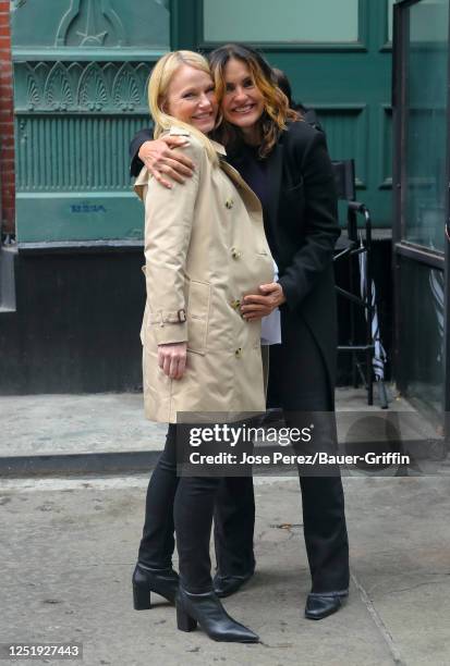 Kelli Giddish and Mariska Hargitay are seen filming on location for 'Law & Order: Organized Crime' on April 17, 2023 in New York City.
