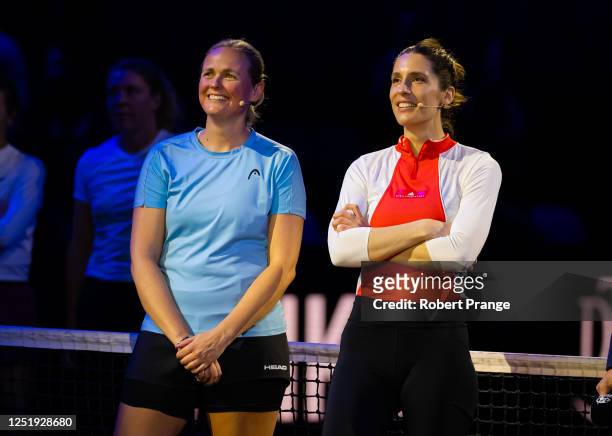 Anna-Lena Groenefeld of Germany and Andrea Petkovic of Germany during a ceremony commemorating their careers ahead of the Porsche Tennis Grand Prix...