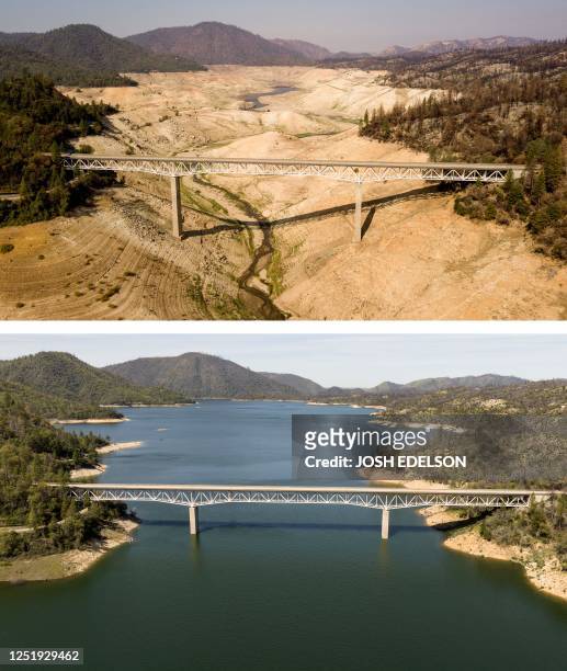 This aerial combination photo created on April 17 shows the Enterprise Bridge at Lake Oroville in Oroville, California on September 05 and on April...