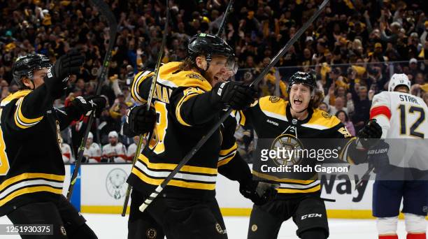David Pastrnak of the Boston Bruins celebrates after he scored against the Florida Panthers during the first period of Game One of the First Round of...
