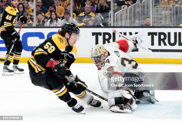 Florida Panthers goalie Alex Lyon stops Boston Bruins right wing Tyler Bertuzzi during Game 1 of an Eastern Conference First Round playoff contest...