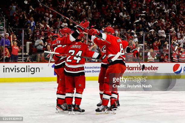 The Carolina Hurricanes celebrate Stefan Noesen goal against the New York Islanders during the second period of Eastern Conference Game One of the...