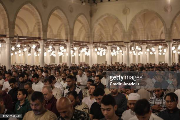 Muslims perform prayer on the night of Laylat al-Qadr at Amr bin As Mosque in Cairo, Egypt on April 17, 2023.
