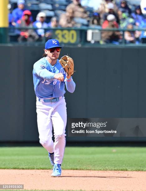 Kansas City Royals shortstop Bobby Witt Jr throws to first for an out during an MLB game between the Atlanta Braves and the Kansas City Royals on...