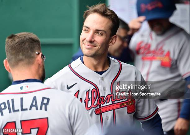 Atlanta Braves first baseman Matt Olsen as seen in the dugout before an MLB game between the Atlanta Braves and the Kansas City Royals on April 16 at...