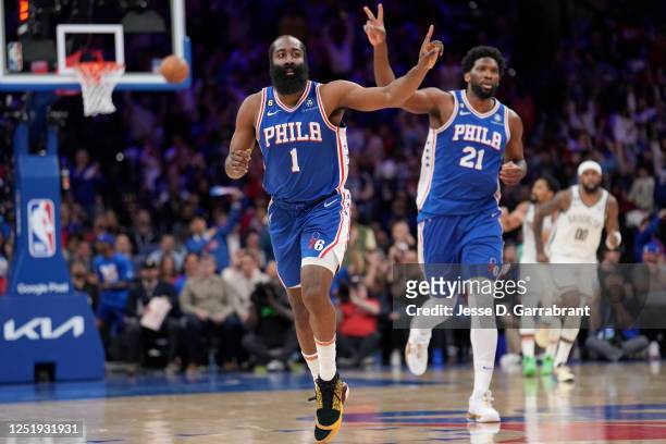 James Harden of the Philadelphia 76ers looks on during the game against the Brooklyn Nets during Round 1 Game 2 of the 2023 NBA Playoffs on April 17,...
