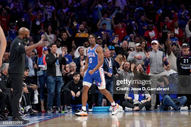 Tyrese Maxey of the Philadelphia 76ers celebrates a play during the game against the Brooklyn Nets during Round 1 Game 2 of the 2023 NBA Playoffs on...