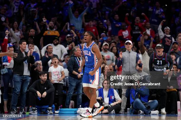 Tyrese Maxey of the Philadelphia 76ers celebrates a play during the game against the Brooklyn Nets during Round 1 Game 2 of the 2023 NBA Playoffs on...