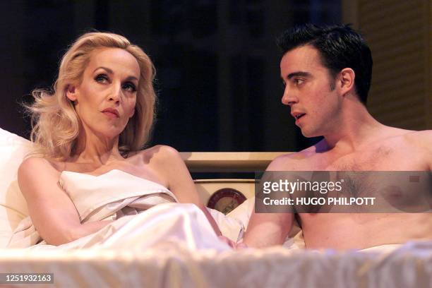 Model and actress Jerry Hall plays the role of "Mrs Robinson" trying to seduce her best friend's son "Benjamin Braddock" played by Josh Cohen in the...