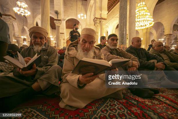 Muslims gather at the Sidi Okba Mosque on the night of Laylat al-Qadr to perform prayer in Kairouan, Tunisia on April 17, 2023.