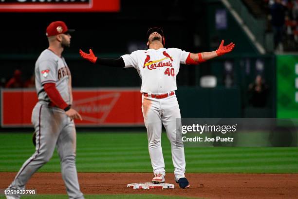 Willson Contreras of the St. Louis Cardinals reacts after hitting an RBI double against the Arizona Diamondbacks in the sixth inning at Busch Stadium...