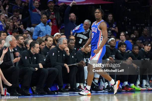 Tyrese Maxey of the Philadelphia 76ers reacts in front of the Brooklyn Nets bench in the third quarter during Game Two of the Eastern Conference...