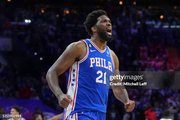 Joel Embiid of the Philadelphia 76ers reacts against the Brooklyn Nets in the third quarter during Game Two of the Eastern Conference First Round...