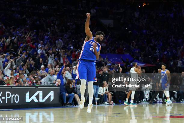 Joel Embiid of the Philadelphia 76ers reacts against the Brooklyn Nets in the third quarter during Game Two of the Eastern Conference First Round...