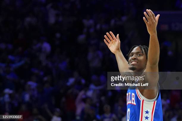 Tyrese Maxey of the Philadelphia 76ers reacts against the Brooklyn Nets in the third quarter during Game Two of the Eastern Conference First Round...