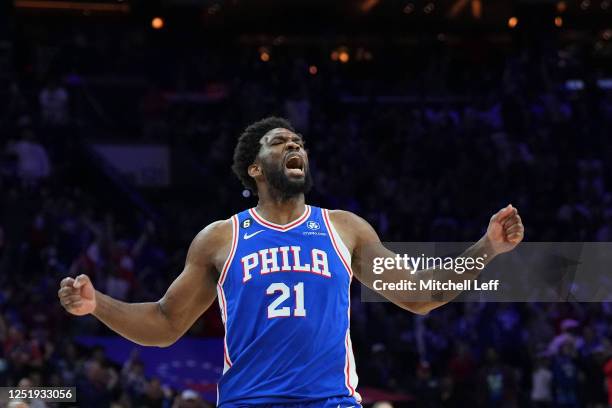 Joel Embiid of the Philadelphia 76ers reacts against the Brooklyn Nets in the third quarter during Game Two of the Eastern Conference First Round...