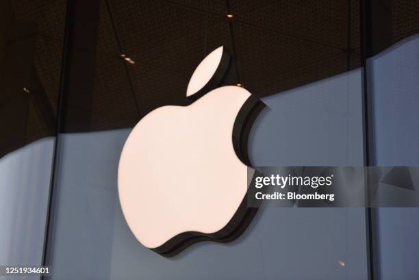 The Apple Inc. Logo at the new Apple store in Mumbai, India, on Tuesday, April 18, 2023. Apple's sales drive is set for a boost as it opens its first...