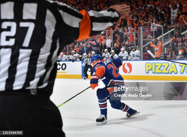 Leon Draisaitl of the Edmonton Oilers celebrates after his first period goal against the Los Angeles Kings in Game One of the First Round of the 2023...