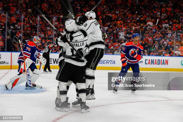 Los Angeles Kings Left Wing Alex Iafallo celebrates the game winning goal in overtime of game one in the Western Conference First Round of the...