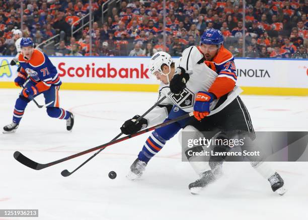 Vincent Desharnais of the Edmonton Oilers shadows his man in the third period against the Los Angeles Kings in Game One of the First Round of the...