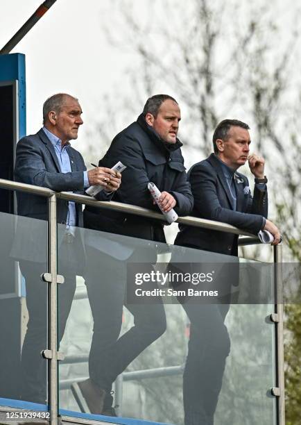 Tyrone , United Kingdom - 16 April 2023; BBC NI analysts from left, Mickey Harte, Michael Murphy and Oisin McConville watch on during the Ulster GAA...