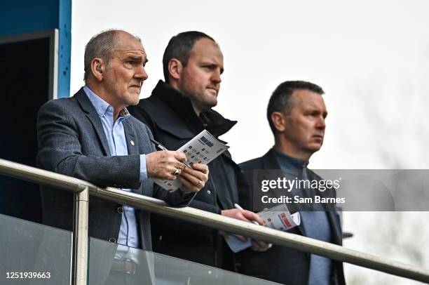 Tyrone , United Kingdom - 16 April 2023; BBC NI analysts, from left, Mickey Harte, Michael Murphy, and Oisin McConville, watch on during the Ulster...