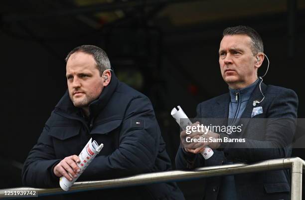 Tyrone , United Kingdom - 16 April 2023; BBC NI analysts Michael Murphy, left, and Oisin McConville watch on during the Ulster GAA Football Senior...