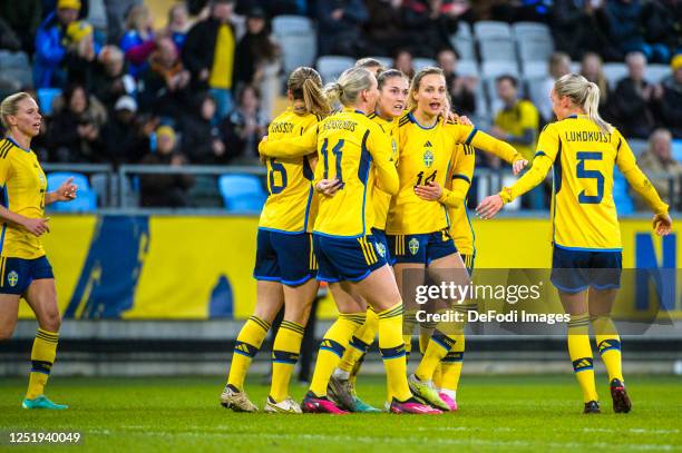 Nathalie Björn of Sweden celebrates after scoring during the Women's international friendly between Sweden and Norway at Gamla Ullevi on April 11,...