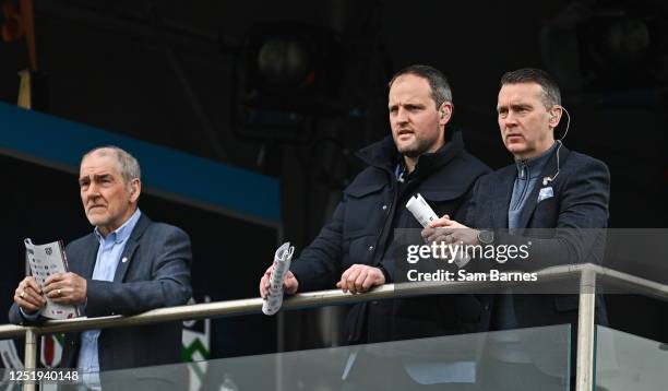Tyrone , United Kingdom - 16 April 2023; BBC NI analysts from left, Mickey Harte, Michael Murphy and Oisin McConville watch on during the Ulster GAA...