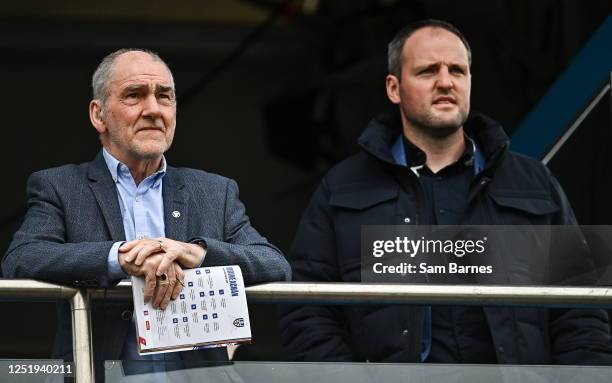 Tyrone , United Kingdom - 16 April 2023; BBC NI analysts Mickey Harte, left, and Michael Murphy watches on during the Ulster GAA Football Senior...