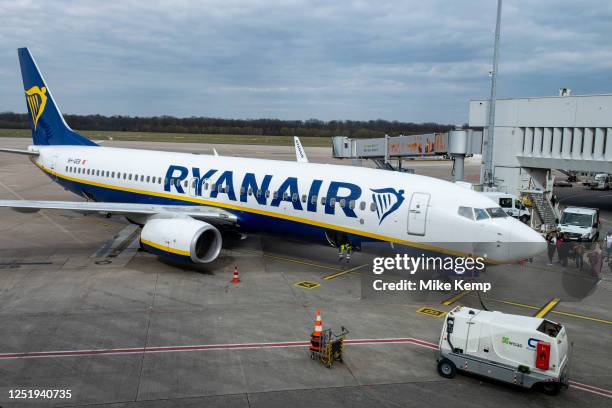 Ryanair aircraft on the tarmac at Cologne Airport on 9th April 2023 in Cologne, Germany. Ryanair DAC is an Irish ultra low-cost budget passenger...
