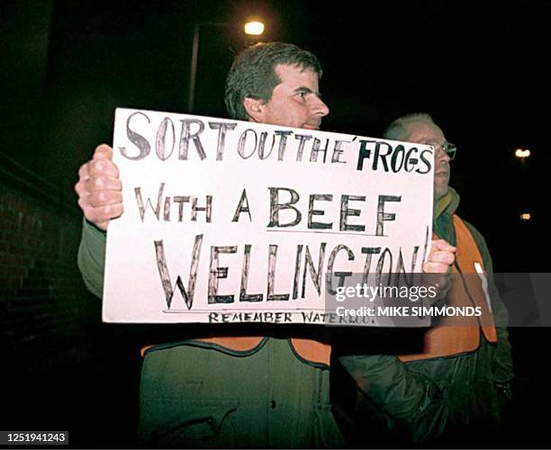 Protesting British farmer carries a sign against the British beef ban by the French, at a protest at Poole port in Dorset on the south coast of...