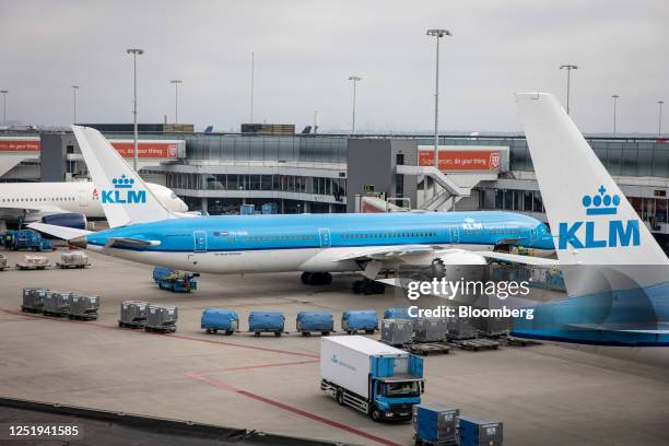 Passenger aircraft, operated by Air France-KLM, on the tarmac at Schiphol Airport in Amsterdam, Netherlands, on Monday, April 17, 2023....