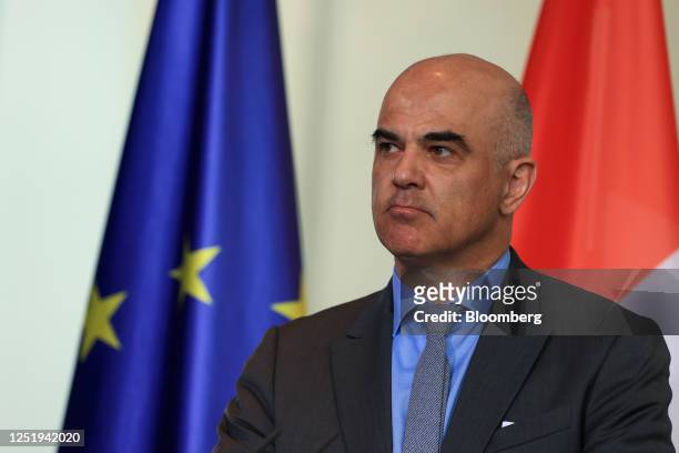 Alain Berset, Switzerland's president, during a joint news conference with Olaf Scholz, German chancellor, in Berlin, Germany, on Tuesday, April 18,...