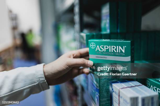 Poultices of painkiller Aspirin are pictured in a pharmacy on April 13, 2023 in Niesky, Germany.