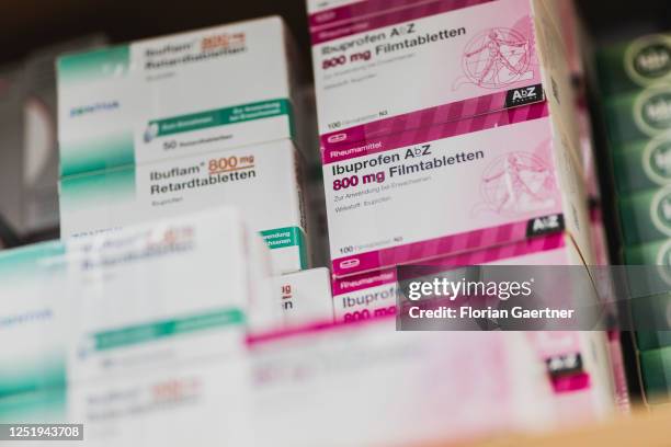 Poultices of the painkiller Ibuprofen are pictured in a pharmacy on April 13, 2023 in Niesky, Germany.