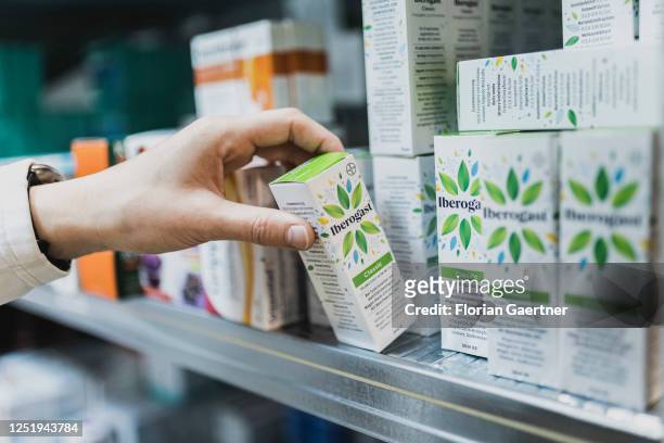 Poultices of the medicine against abdominal influenza Iberogast are pictured in a pharmacy on April 13, 2023 in Niesky, Germany.