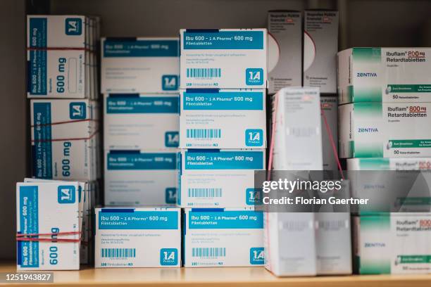 Poultices of the painkiller Ibuprofen are pictured in a pharmacy on April 13, 2023 in Niesky, Germany.